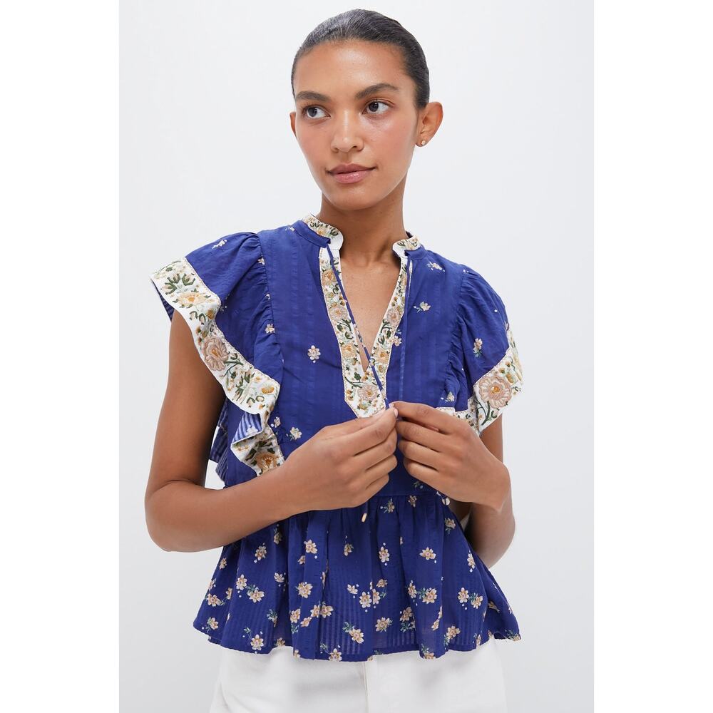 SEA NEW YORK Exclusive Blue Elizabeth Print Flutter Sleeve Top Size S NWT